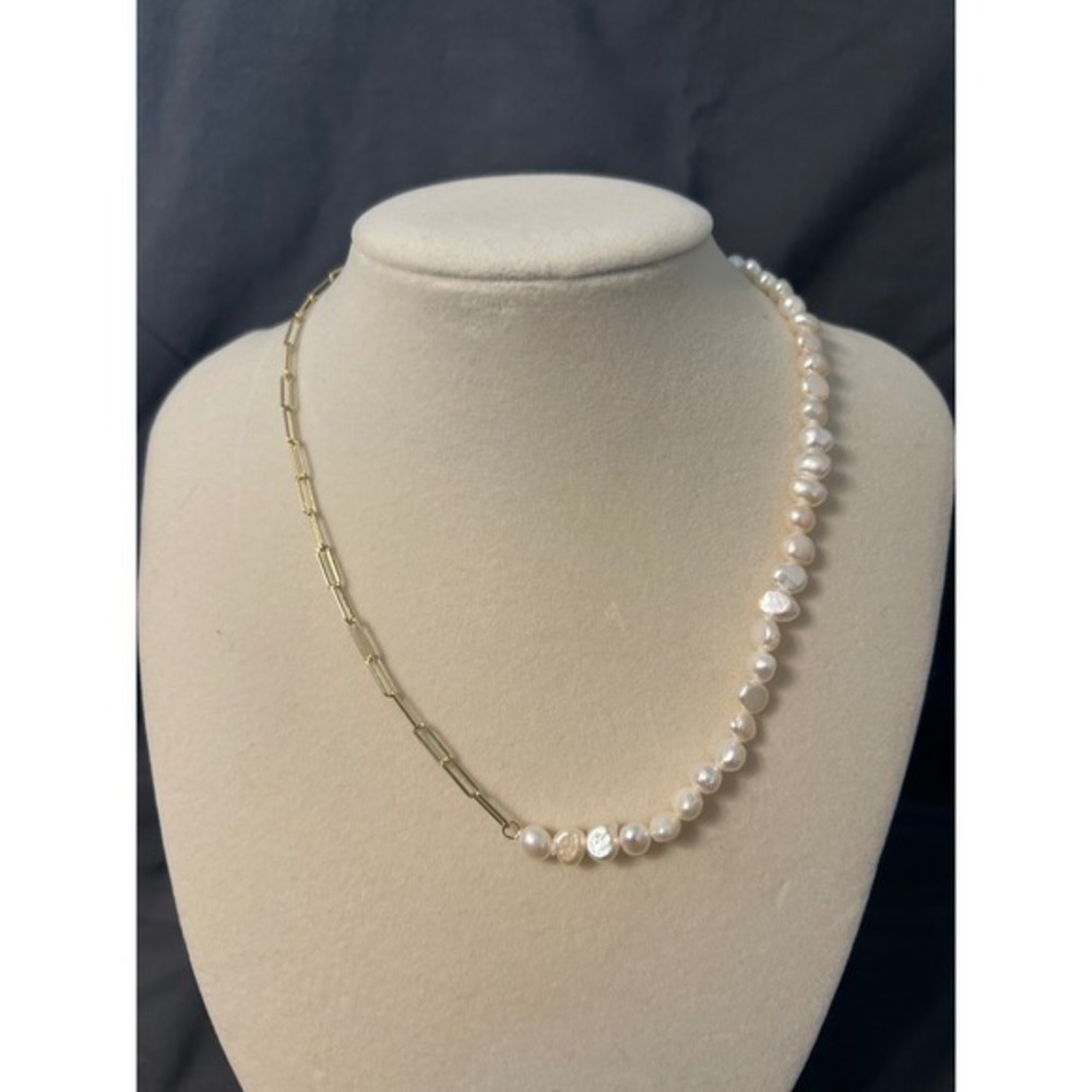 Baroque Pearl Paperclip Chain Necklace 925 Sterling Silver Gold Tone 16-18 Inch - Picture 2 of 3
